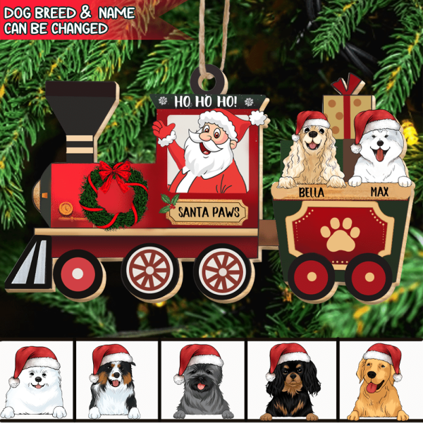 Personalized! Santa Paws Train With Dogs Wood Ornament, Custom Shaped Christmas Ornament