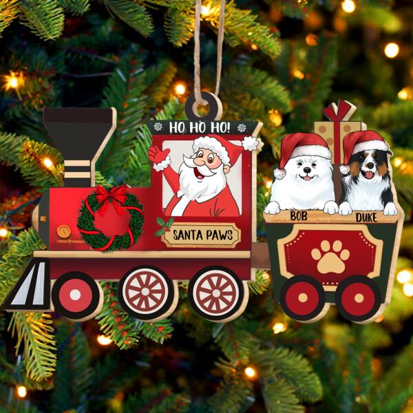 Personalized! Santa Paws Train With Dogs Wood Ornament, Custom Shaped Christmas Ornament