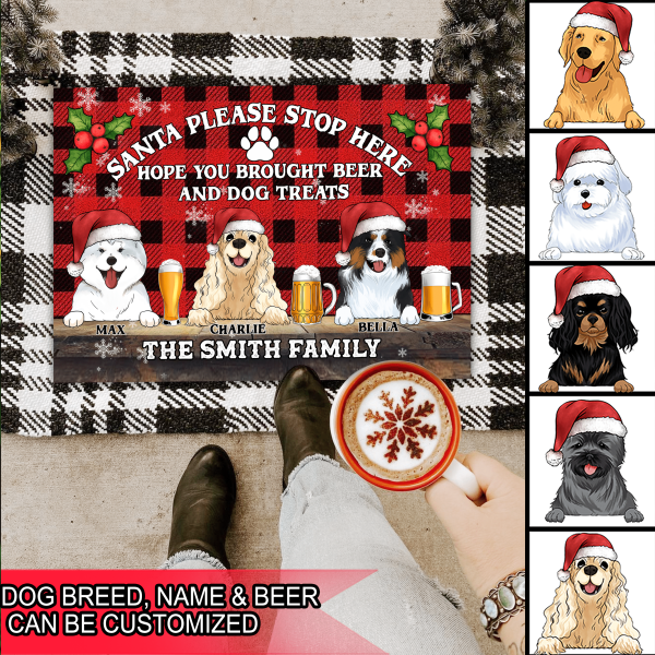 Santa Please Stop Here Hope You Brought Beer And Dog Treats - Personalized Doormat