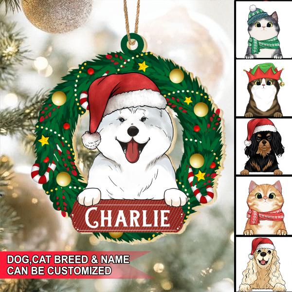 Personalized Christmas Wreath For Pet - Wooden Print Ornament