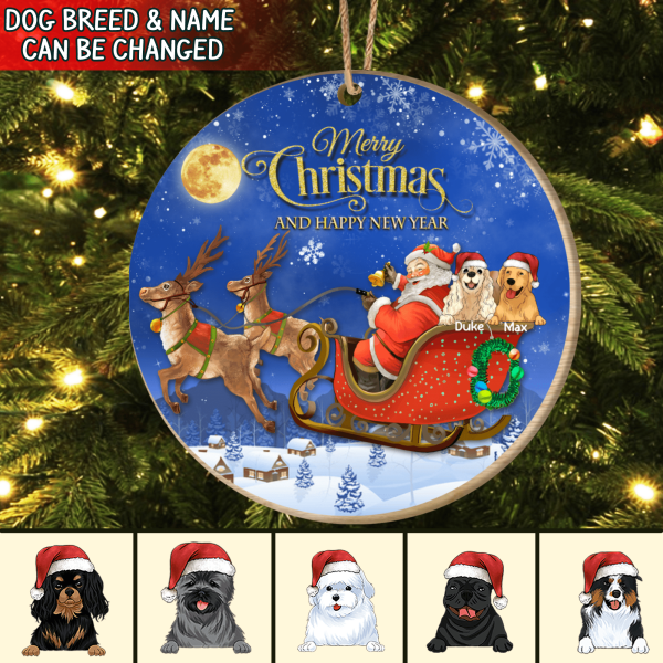 Personalized Santa Claus With Dogs Christmas Night Wood Ornament, Custom Shape Ornament