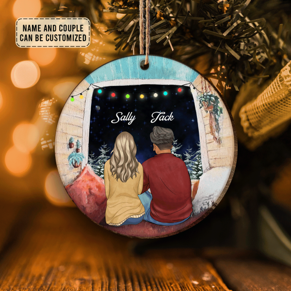 Couple Camping Christmas Night, Wood Ornament