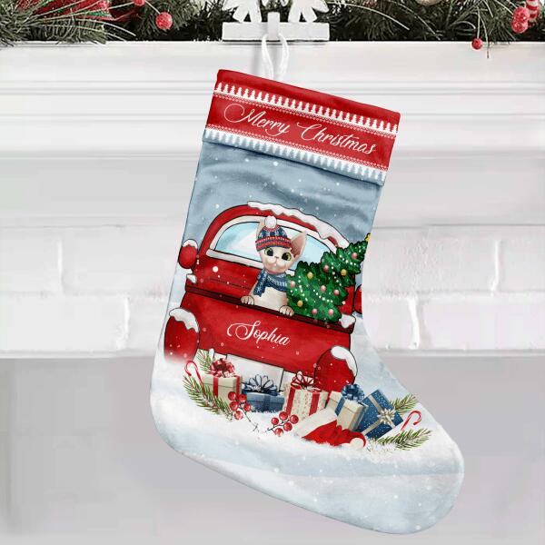 Personalized Cat Red Truck Christmas Stocking