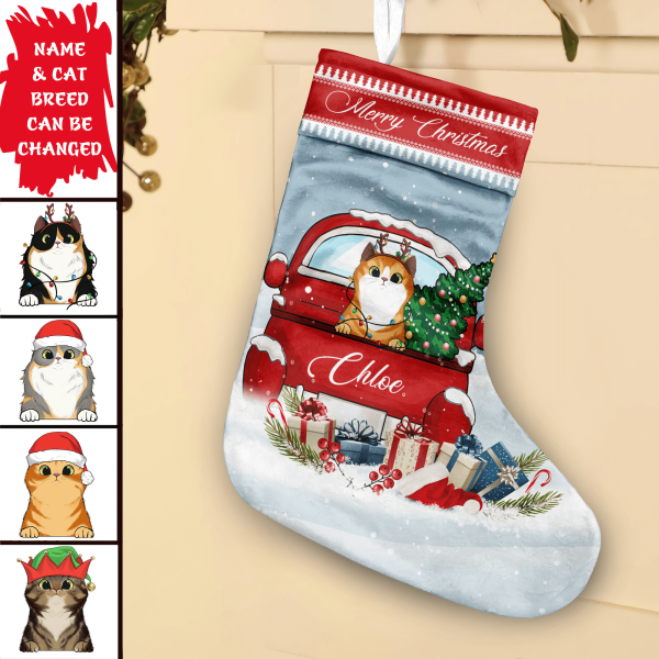 Personalized Cat Red Truck Christmas Stocking