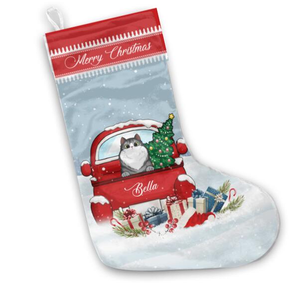 Personalized Cat Red Truck Christmas Stocking