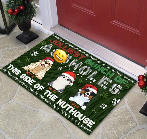 Jolliest Bunch of A**holes This Side of the Nuthouse - Personalized Christmas Doormat