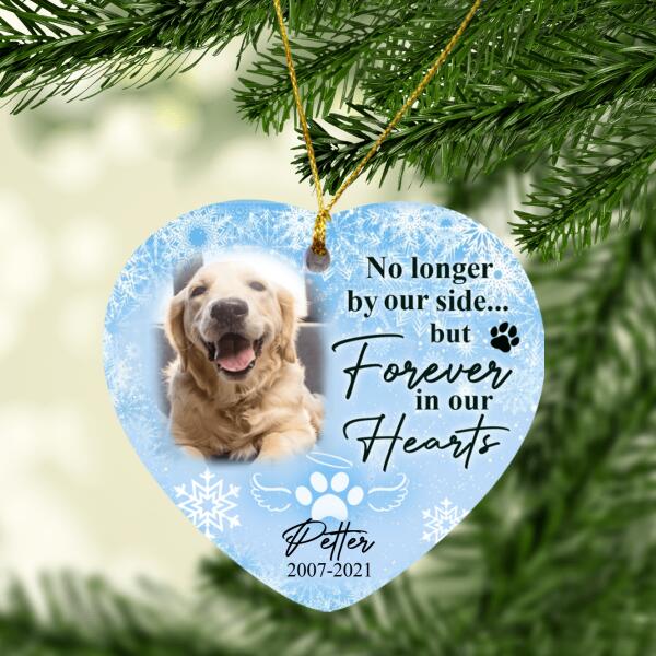 No Longer By Our Side But Forever In Our Hearts, Custom Gift Photo Christmas - Personalized Heart Ceramic Ornament
