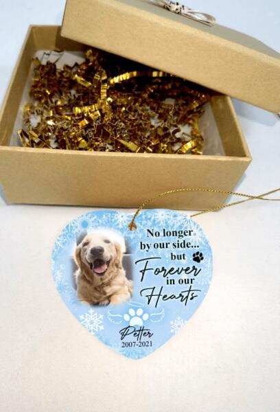 No Longer By Our Side But Forever In Our Hearts, Custom Gift Photo Christmas - Personalized Heart Ceramic Ornament