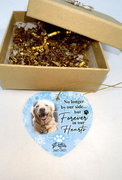 No Longer By Our Side But Forever In Our Hearts, Custom Gift Photo Christmas - Personalized Heart Ceramic Ornament