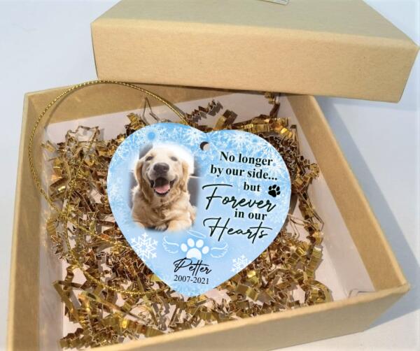 No Longer By Our Side But Forever In Our Hearts, Custom Gift Photo Christmas - Personalized Heart Ceramic Ornament