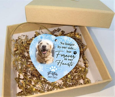 No Longer By Our Side But Forever In Our Hearts, Custom Gift Photo Christmas - Personalized Heart Ceramic Ornament