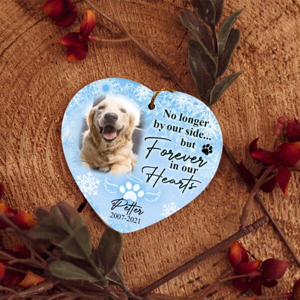 No Longer By Our Side But Forever In Our Hearts, Custom Gift Photo Christmas - Personalized Heart Ceramic Ornament