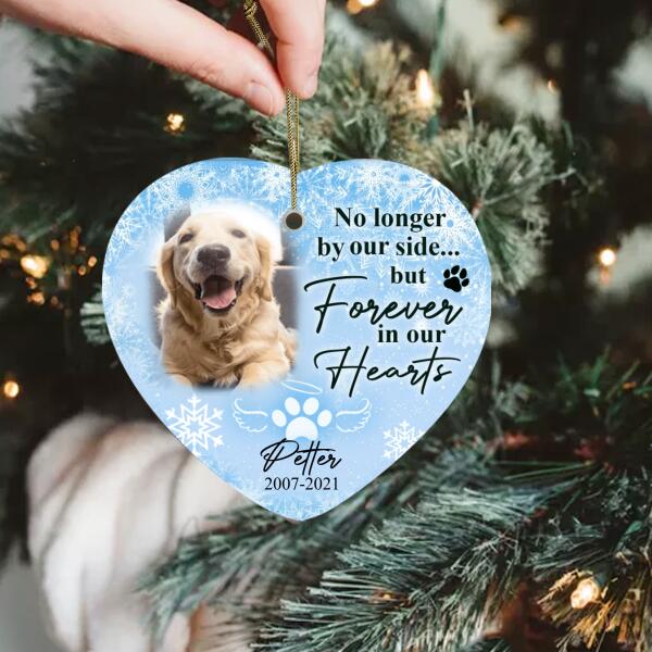 No Longer By Our Side But Forever In Our Hearts, Custom Gift Photo Christmas - Personalized Heart Ceramic Ornament