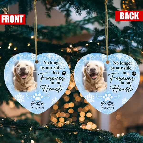 No Longer By Our Side But Forever In Our Hearts, Custom Gift Photo Christmas - Personalized Heart Ceramic Ornament