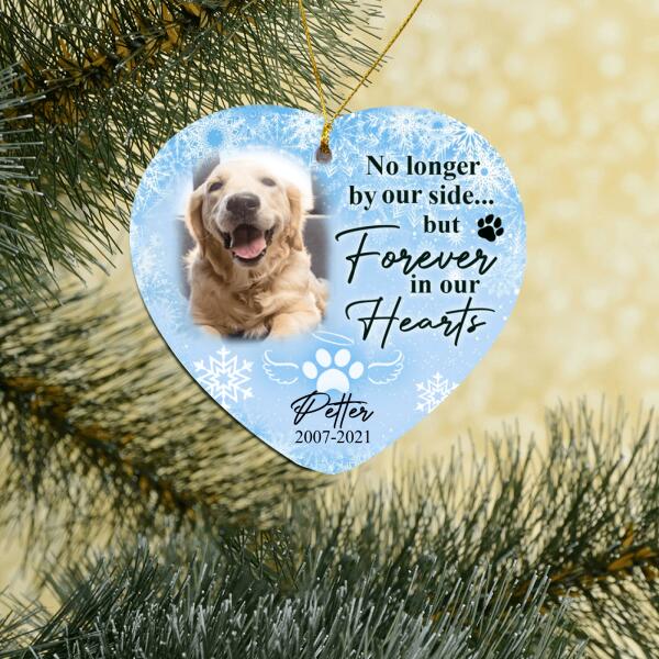 No Longer By Our Side But Forever In Our Hearts, Custom Gift Photo Christmas - Personalized Heart Ceramic Ornament