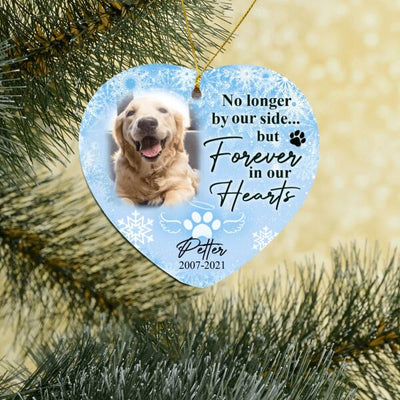 No Longer By Our Side But Forever In Our Hearts, Custom Gift Photo Christmas - Personalized Heart Ceramic Ornament