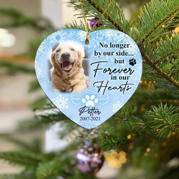 No Longer By Our Side But Forever In Our Hearts, Custom Gift Photo Christmas - Personalized Heart Ceramic Ornament
