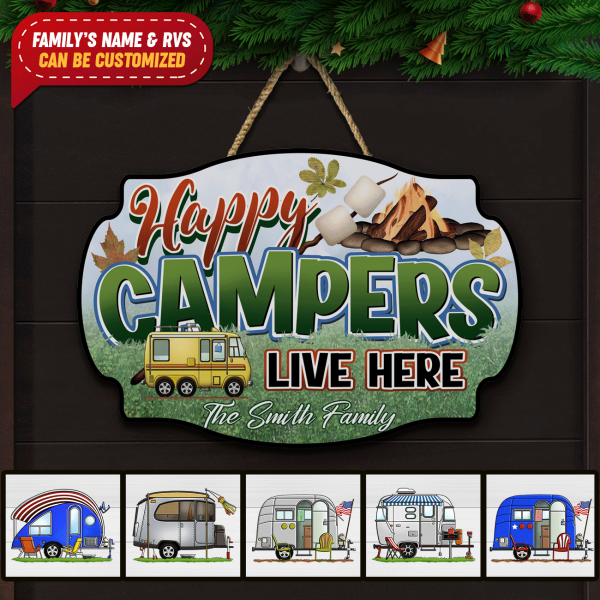 Happy Campers Live Here, Camping For Lovers, Personalized Door Sign