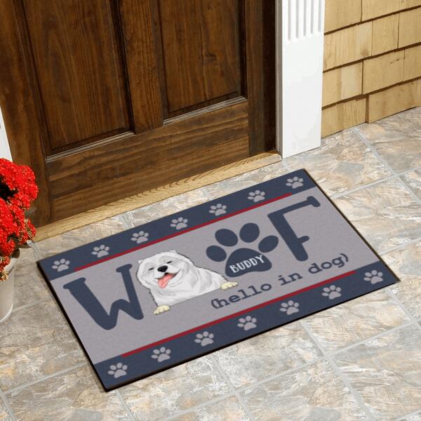 Woof Hello In Dog - Personalized Doormat