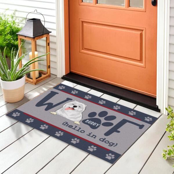 Woof Hello In Dog - Personalized Doormat