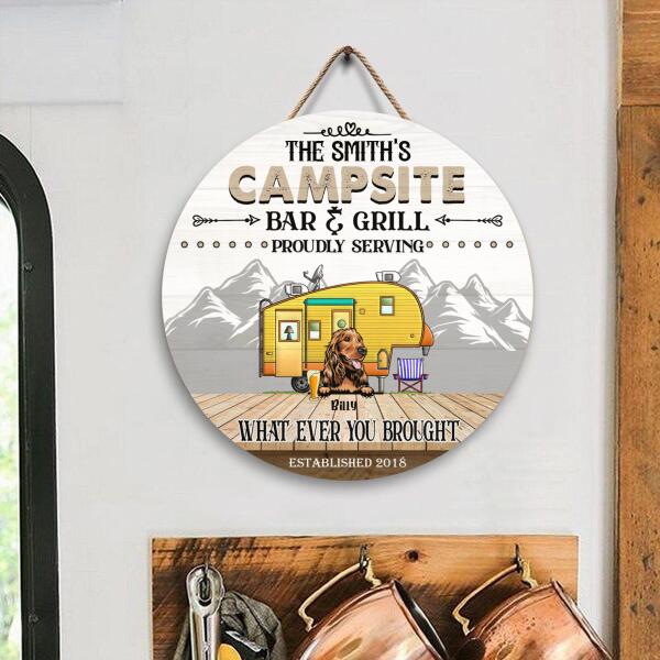 Campsite Bar And Grill - Round Wooden Door Sign