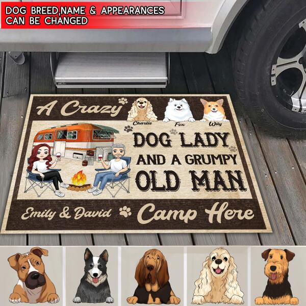 Crazy Dog Lady And Grumpy Old Man Camp Here - Personalized Custom Doormat