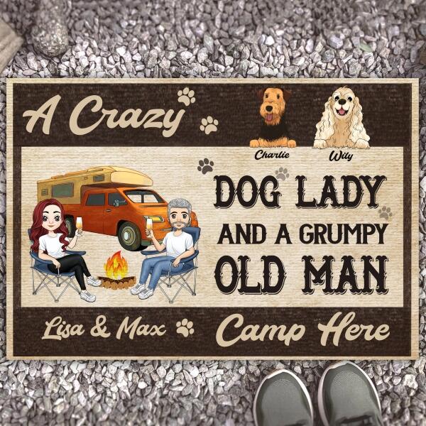 Crazy Dog Lady And Grumpy Old Man Camp Here - Personalized Custom Doormat