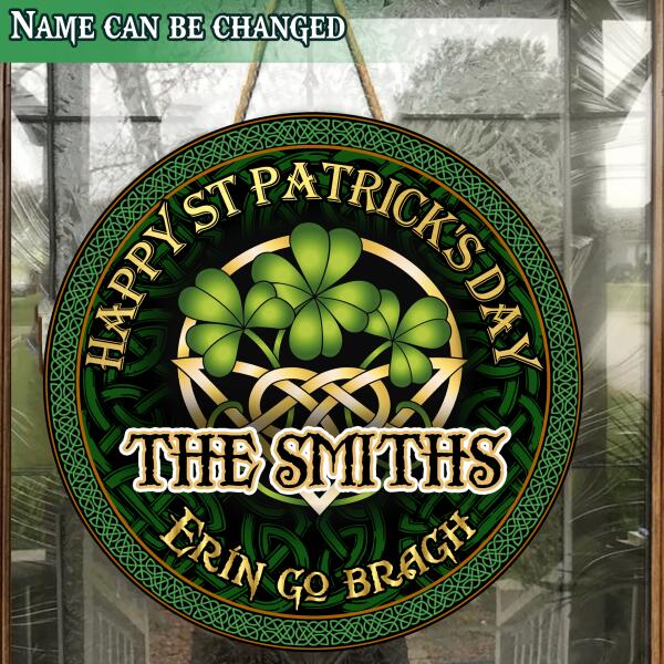 Happy St Patrick's Day - Celtic Shamrock - Personalized Wooden Door Sign