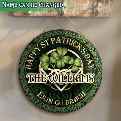 Happy St Patrick's Day - Celtic Shamrock - Personalized Wooden Door Sign