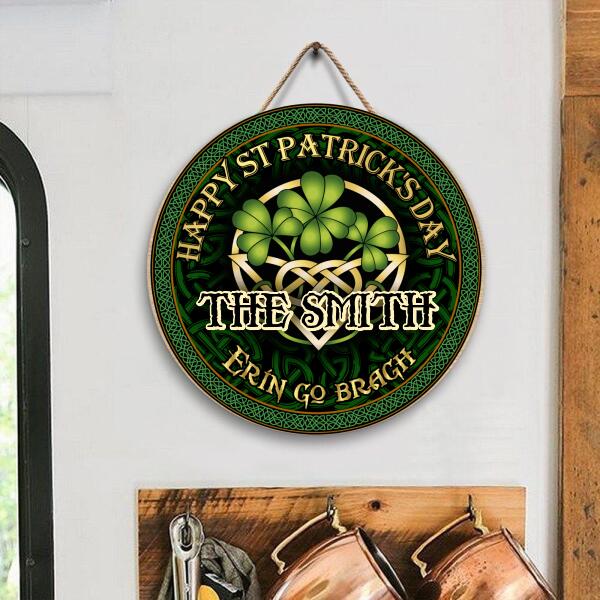 Happy St Patrick's Day - Celtic Shamrock - Personalized Wooden Door Sign