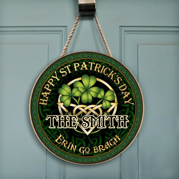 Happy St Patrick's Day - Celtic Shamrock - Personalized Wooden Door Sign