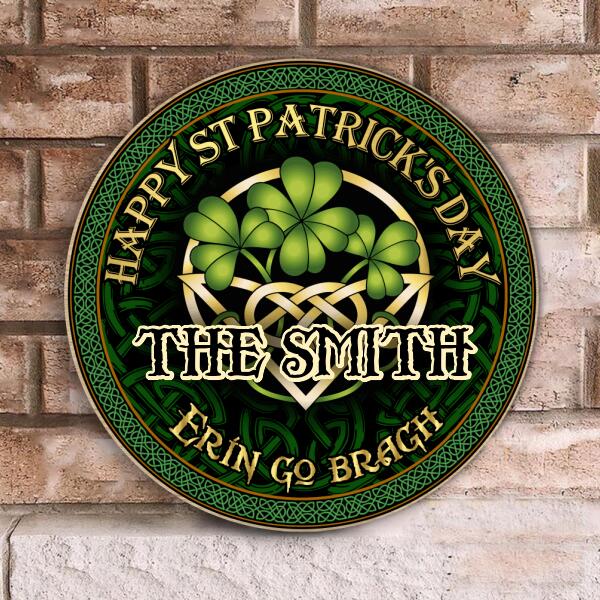 Happy St Patrick's Day - Celtic Shamrock - Personalized Wooden Door Sign