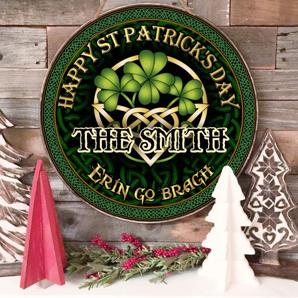 Happy St Patrick's Day - Celtic Shamrock - Personalized Wooden Door Sign