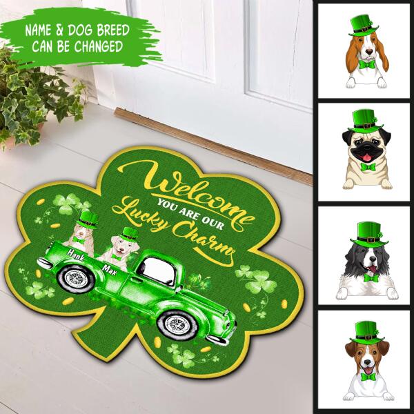 Welcome You Are Our Lucky Charm - Personalized Shamrock Shaped Doormat