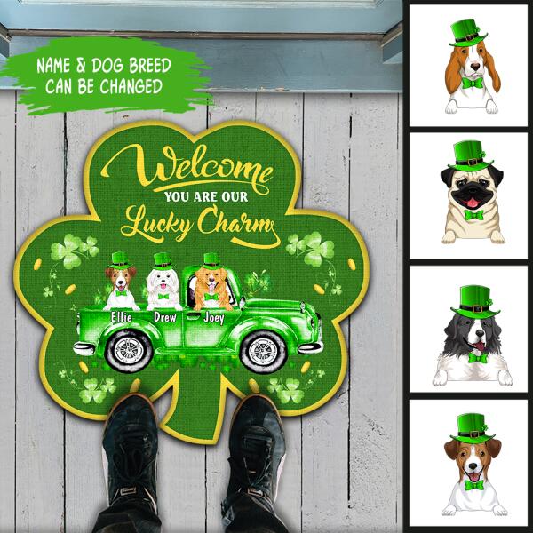 Welcome You Are Our Lucky Charm - Personalized Shamrock Shaped Doormat