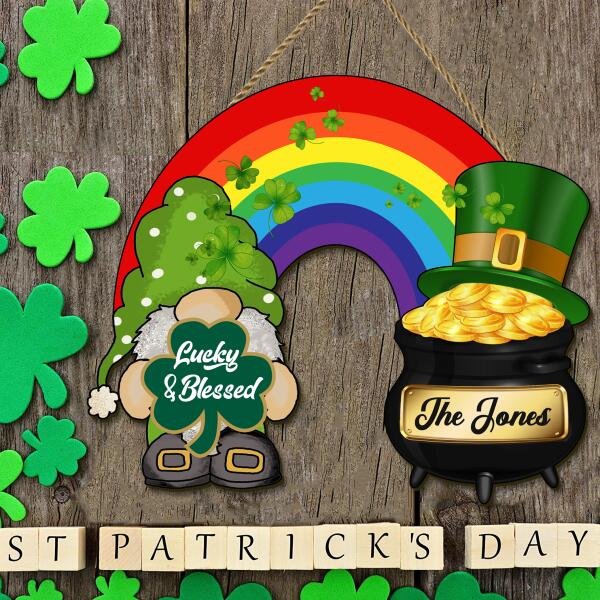 Lucky & Blessed - Happy St. Patrick's Day - Personalized Shamrock Shaped Wooden Door Sign