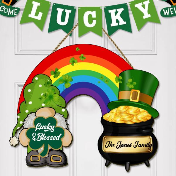 Lucky & Blessed - Happy St. Patrick's Day - Personalized Shamrock Shaped Wooden Door Sign