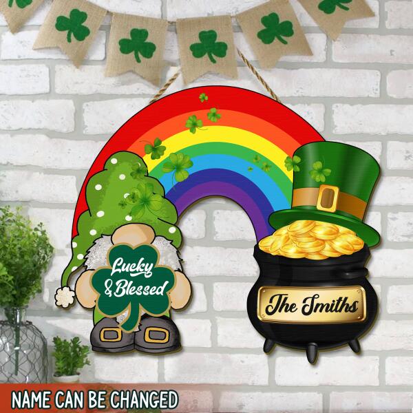 Lucky & Blessed - Happy St. Patrick's Day - Personalized Shamrock Shaped Wooden Door Sign
