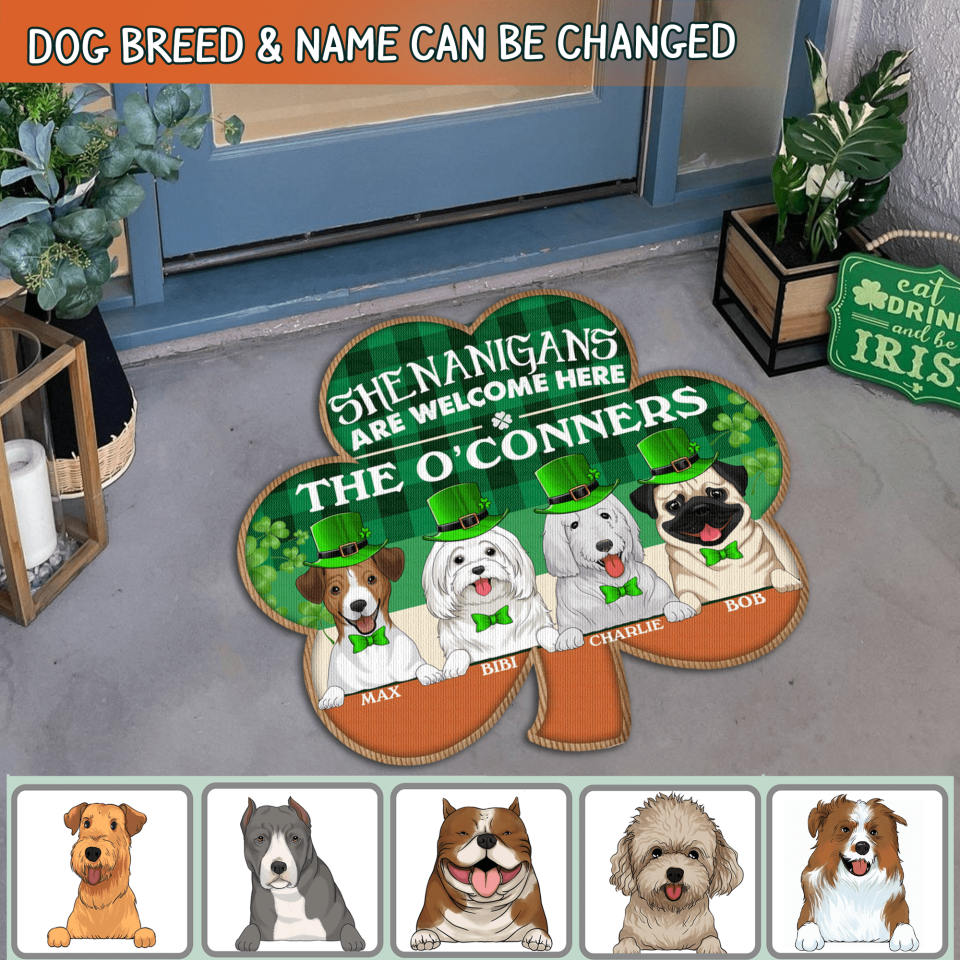 Shenanigans Are Welcome Here, For Patrick&#39;s Day, For Dog Lovers - Personalized Shamrock Shaped Doormat