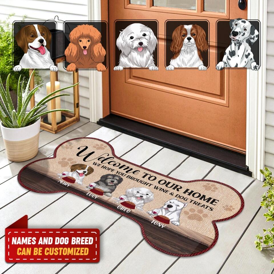 Welcome To Our Home, We Hope You Brought Wine And Dog Treats, For Dog Lovers, Personalized Bone Shaped Doormat