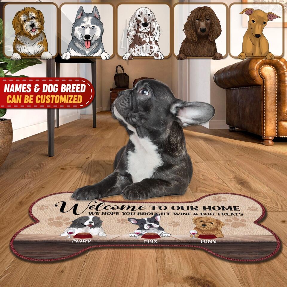 Welcome To Our Home, We Hope You Brought Wine And Dog Treats, For Dog Lovers, Personalized Bone Shaped Doormat
