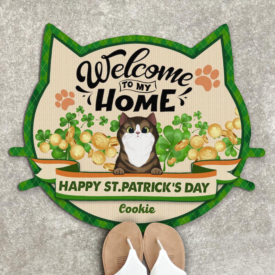 Welcome To Our Home, Happy ST. Patrick's Day, For Lovers Cat, Personalized Cat Face Shaped Doormat