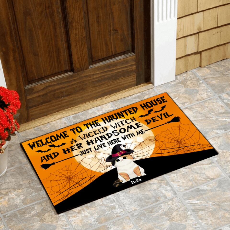 Welcome To The Haunted House Cat Halloween - Personalized Doormat