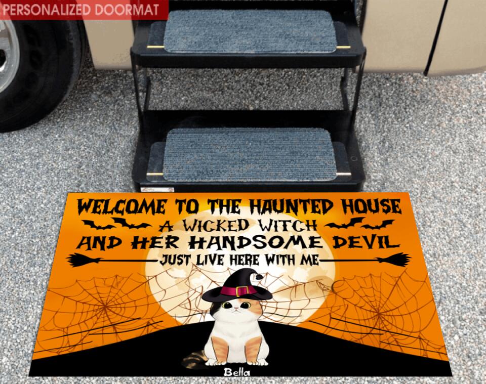 Welcome To The Haunted House Cat Halloween - Personalized Doormat