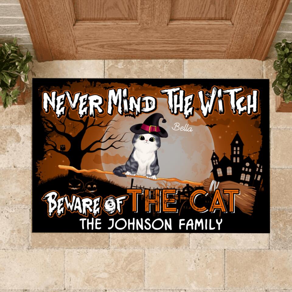 Never Mind The Witch Beware Of The Cat Halloween Style - Personalized Doormat