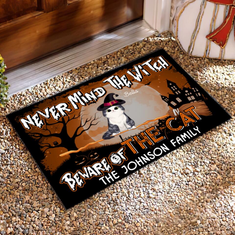 Never Mind The Witch Beware Of The Cat Halloween Style - Personalized Doormat