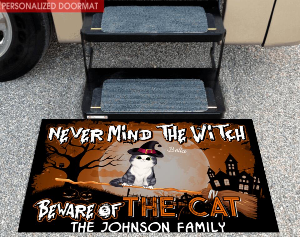 Never Mind The Witch Beware Of The Cat Halloween Style - Personalized Doormat