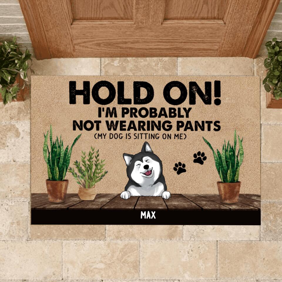 Funny Dog Doormat, Hold On I Probably Not Wearning Pants - Personalized Doormat