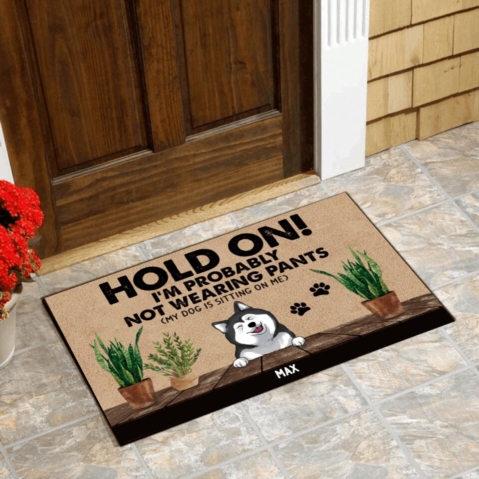 Funny Dog Doormat, Hold On I Probably Not Wearning Pants - Personalized Doormat