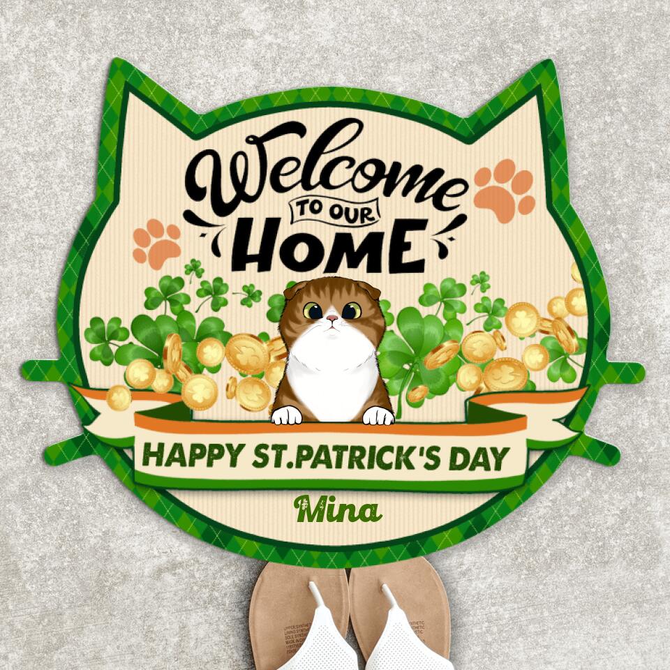 Welcome To Our Home, Happy ST. Patrick's Day, For Lovers Cat, Personalized Cat Face Shaped Doormat